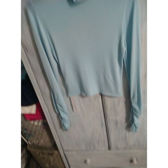 For Love And Lemons Turtleneck Ruched Sleeve Blouse Nwt Xl Sky Blue Semi-sheer - Picture 5 of 12